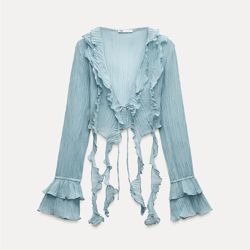NEW Zara Ruffled Pleated Top in Light Blue - Small - Picture 2 of 4